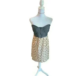 Y2K Blue Denim Bustier Sun Dress Strapless Hi-Low Hem Floral | SIZE MEDIUM